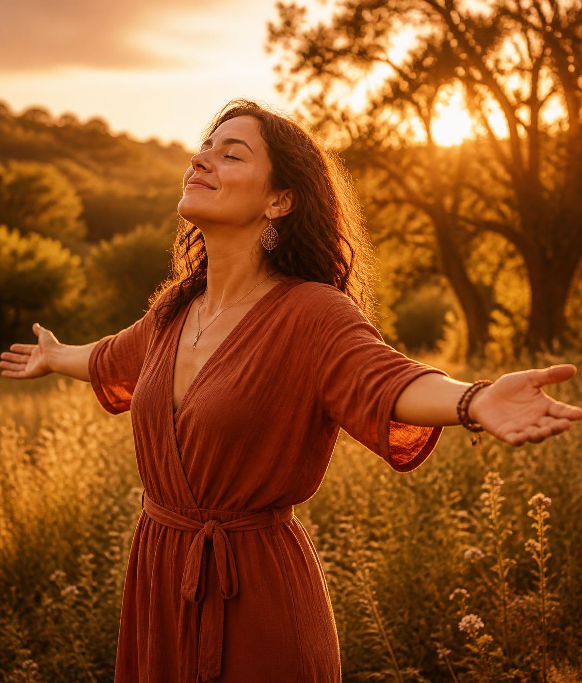 A woman breathing freely outdoors in warm golden light